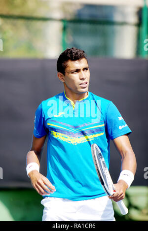 Pune, India. 30th December 2018. Thiago Monteiro of Brazil in action in the final round of qualifying singles competition at Tata Open Maharashtra ATP Tennis tournament in Pune, India. Credit: Karunesh Johri/Alamy Live News Stock Photo