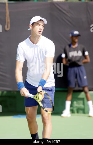 Pune, India. 30th December 2018. Antoine Hoang of France in action in the final round of qualifying singles competition at Tata Open Maharashtra ATP Tennis tournament in Pune, India. Credit: Karunesh Johri/Alamy Live News Stock Photo