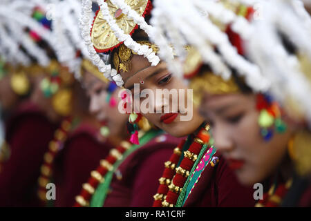 Kathmandu, Nepal. 30th Dec, 2018. Women from the Gurung community dance and sing during a rally to celebrate Tamu Lhosar festival as their new year in Kathmandu, Nepal on Sunday, December 30, 2018. This year is the year of deer. (Credit Image: © Skanda Gautam/ZUMA Wire) Credit: ZUMA Press, Inc./Alamy Live News Stock Photo