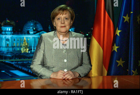 Berlin, Germany. 30th Dec, 2018. Embargoed period: 31 December 2018, 00:00 - Federal Chancellor Angela Merkel (CDU), recorded after the recording of her New Year's address at the Chancellery. Credit: John Macdougall/AFP POOL/dpa/Alamy Live News Stock Photo