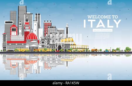 Welcome to Italy City Skyline with Gray Buildings, Blue Sky and Reflections. Famous Landmarks in Italy. Vector Illustration. Tourism Concept Stock Vector
