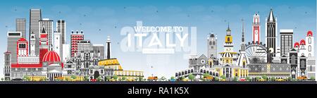 Welcome to Italy Skyline with Gray Buildings and Blue Sky. Famous Landmarks in Italy. Vector Illustration. Business Travel and Tourism Concept Stock Vector