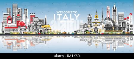 Welcome to Italy City Skyline with Gray Buildings, Blue Sky and Reflections. Famous Landmarks in Italy. Vector Illustration. Tourism Concept Stock Vector