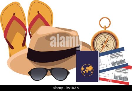 panama hat icon with flips flops passport sunglasses tickets compass in white background vector illustration graphic design Stock Vector