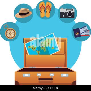 travel elements and item with baggage panama hat flips flops camera compass tickets vector illustration graphic design Stock Vector
