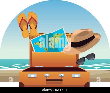 travel elements and item with baggage panama hat flips flops world map sunglasses beach landscape vector illustration graphic design Stock Vector
