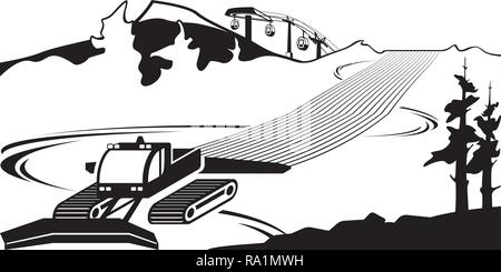 Snow plow clears slots on ski slope - vector illustration Stock Vector