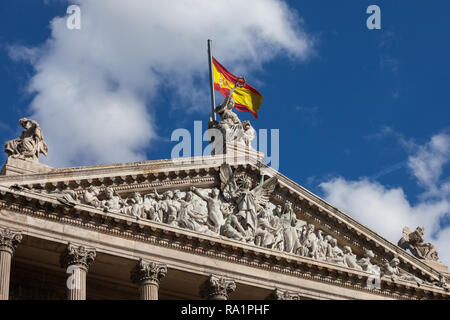 Spain, Madrid, pediment of the National Library of Spain - Biblioteca Nacional de Espana, Neoclassical architecture, sculptures represents the Triumph Stock Photo