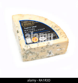 Mature blue stilton cheese isolated on a white studio background. Stock Photo
