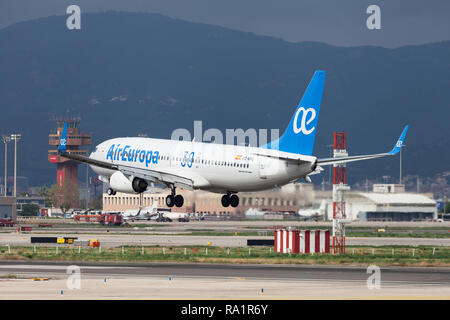 Barcelona, Spain - September 16, 2018: Air Europa Boeing 737-800 with 30 Years special livery landing at El Prat Airport in Barcelona, Spain. Stock Photo