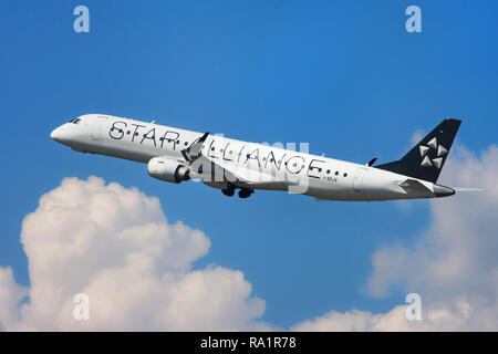 Barcelona, Spain - September 16, 2018: Air Dolomiti Embraer ERJ-195LR with Star Alliance Livery taking off from El Prat Airport in Barcelona, Spain. Stock Photo