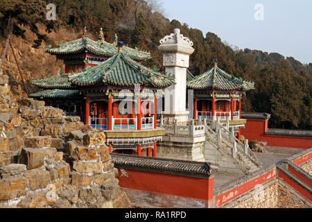 Pavillion with traditional tiled roofs, on longevity hill. Summer Palace, Beijing, China. Stock Photo