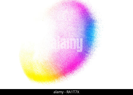 Multicolored sand explosion isolated on white background. Abstract sand cloud. Multicolored  sand splash against on clear background. Sandy fly wave i Stock Photo