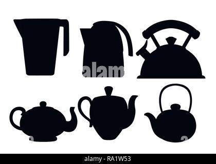 Black silhouette. Modern kettle and teapot icon collection. Stainless steel, plastic and ceramic teapot kitchenware. Flat vector illustration isolated Stock Vector