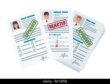 Application documents with rejected and approved stamp. Rejected and approval application or resume. Paper form with checkboxes and photo. Flat vector Stock Vector