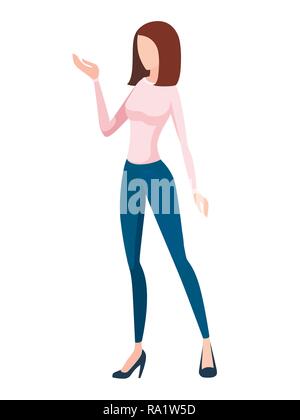 Women in blue jeans and pink t-shirt standing. No face design. Cartoon flat illustration isolated on white background. Stock Vector