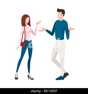 Man in white pants and blue pullover standing. Women in blue jeans and pink pullover standing. No face design. Cartoon flat illustration isolated on w Stock Vector