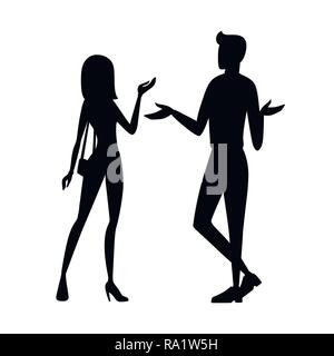 Black silhouette. Man in white pants and blue pullover standing. Women in blue jeans and pink pullover standing. No face design. Cartoon flat illustra Stock Vector