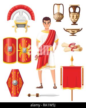 Collection of ancient roman icons. Flat vector style. Roman clothes, armor, weapon and houseware. Cartoon character design. Illustration isolated on w Stock Vector