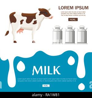 Dripping and flow milk. Splash drop cream or yogurt. Cow and milk cans. Flat vector illustration. Website page and mobile app design. Concept for adve Stock Vector
