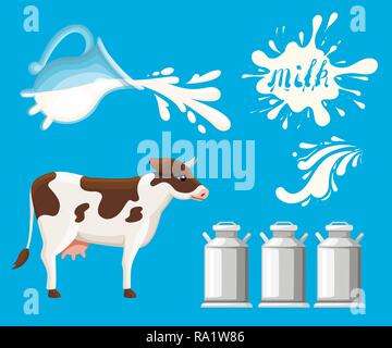Dripping and flow milk. Splash drop cream or yogurt. Cow and milk cans. Flat vector illustration. Website page and mobile app design. Concept for adve Stock Vector