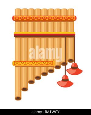 Flute pan with traditional Indians pattern. American music instrument. Flat vector illustration isolated on white background. Stock Vector