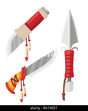 Set of daggers and knives Native American Indian. Cold steel arms with leather and feathers design. Flat vector illustration isolated on white backgro Stock Vector