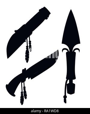 Black silhouette. Set of daggers and knives Native American Indian. Cold steel arms with leather and feathers design. Flat vector illustration isolate Stock Vector