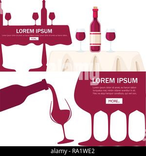 Abstract logo or illustration. Red wine pouring from bottle to glass. Flat vector illustration on white background. Red wine bottle on white restauran Stock Vector
