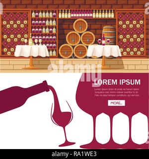 Abstract logo or illustration. Red wine pouring from bottle to glass. Flat vector illustration on white background. Wooden wine shelf in wine Vault. P Stock Vector