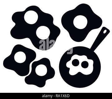Black silhouette. Frying pan, top view. Pan with fried egg. Flat vector illustration isolated on white background. Stock Vector