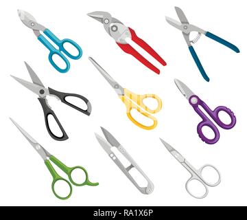 Collection of different scissors models. Hand cutter tools, equipment shears for hair stylist,gardening, medical. Flat vector illustration isolated on Stock Vector