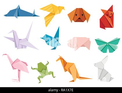 Origami japanese animal set. Modern hobby. Flat vector illustration isolated on white background. Colorful paper animals, low polygonal design. Stock Vector