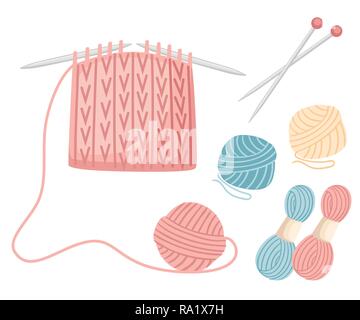 Set tools for sewing knitting needles. Balls of yarn, wool colorful illustration. Knitting process. Flat vector illustration on white background. Stock Vector