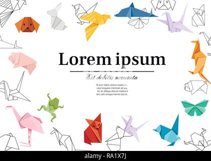 Origami japanese animal set. Modern hobby. Flat vector illustration on white background. Colorful paper animals, low polygonal design. Place for text. Stock Vector