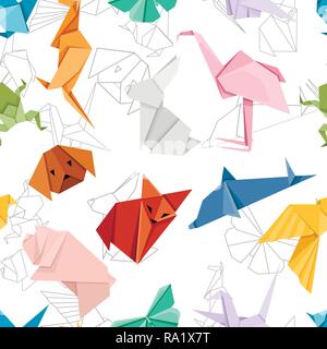 Seamless pattern. Origami japanese animal set. Modern hobby. Flat vector illustration on white background. Colorful paper animals, low polygonal desig Stock Vector