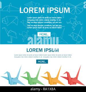 Origami japanese animal set. Modern hobby. Flat vector illustration on white background. Colorful paper animals, low polygonal design. Place for text. Stock Vector
