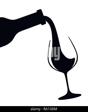 Black silhouette. Abstract logo or illustration. Red wine pouring from bottle to glass. Flat vector illustration isolated on white background. Stock Vector