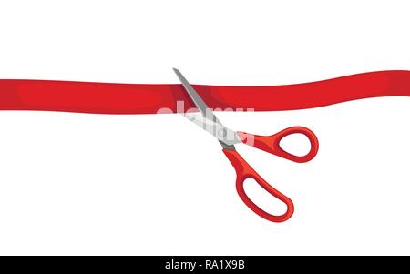 Red scissors cut red tape. Opening ceremony. Flat vector illustration isolated on white background. Stock Vector