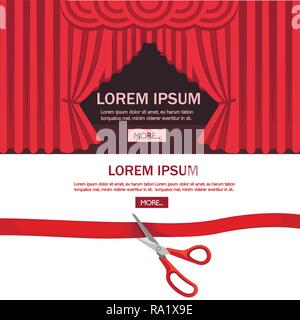 Red scissors cut red tape. Opening ceremony theater stage with red curtain. Flat vector illustration on white background. Stock Vector