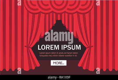 Cinema or theater scene with a red curtain. Flat vector illustration. Web site page and mobile app design. Place for text. Stock Vector