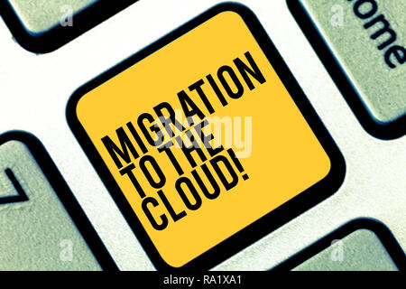 Writing note showing Migration To The Cloud. Business photo showcasing Transfer data to online file storage tools apps Keyboard key Intention to creat Stock Photo