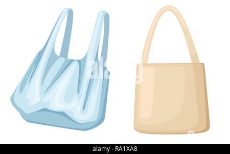 Eco paper and plastic bags. Ecology pollution problem. Flat vector illustration isolated on white background. Stock Vector