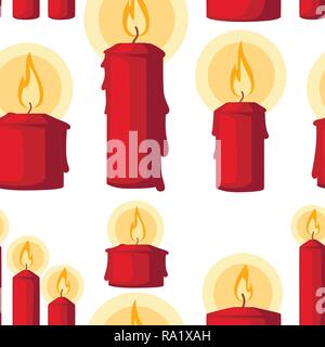 Seamless pattern. Red Christmas candle, burning wax candle. Flat vector illustration on white background. Stock Vector