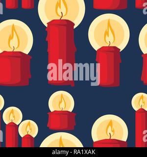 Seamless pattern. Red Christmas candle, burning wax candle. Flat vector illustration on dark blue background. Stock Vector