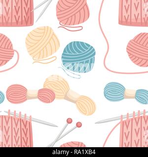 Seamless pattern. Set tools for sewing knitting needles. Balls of yarn, wool colorful illustration. Knitting process. Flat vector illustration on whit Stock Vector