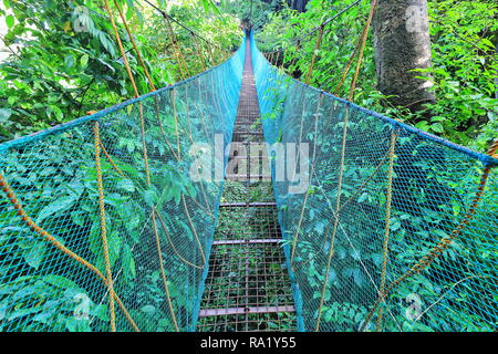 Hanging bridge with guide line above on the El Nido Canopy Walk-Vía Ferrata leading up to the view deck near the top of Taraw cliff overlooking the to Stock Photo