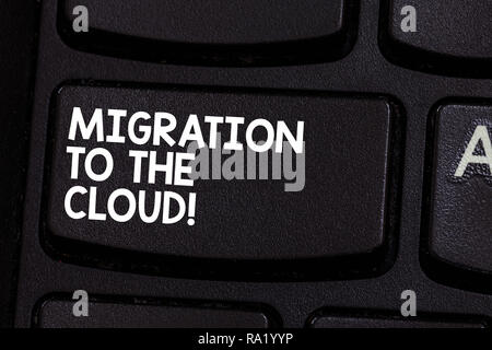 Conceptual hand writing showing Migration To The Cloud. Business photo showcasing Transfer data to online file storage tools apps Keyboard key Intenti Stock Photo