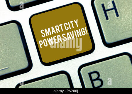 Writing note showing Smart City Power Saving. Business photo showcasing Connected technological cities electricity savings Keyboard Intention to creat Stock Photo