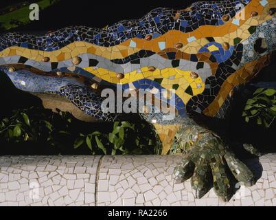 Barcelona, Catalonia, Spain. Park Guell, designed by Modernist architect Antonio Gaudi (1852-1926). Salamander, Dragon fountain, known as "The Dragon". Park entrance. 1900-1914. Detail. Stock Photo
